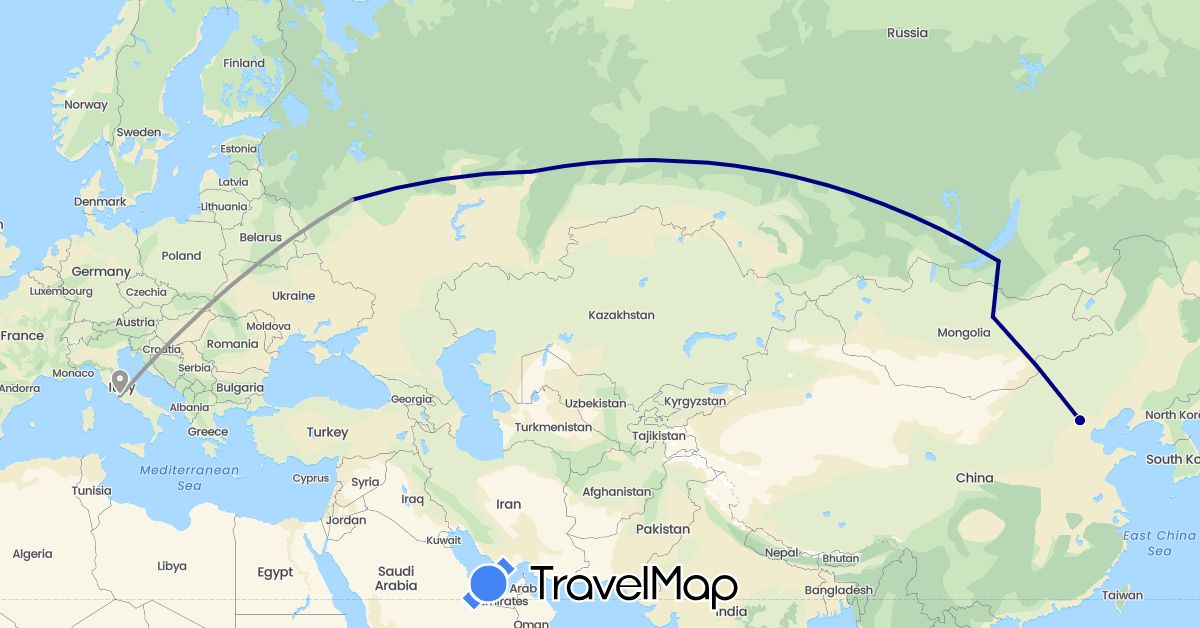 TravelMap itinerary: driving, plane in China, Italy, Mongolia, Russia (Asia, Europe)